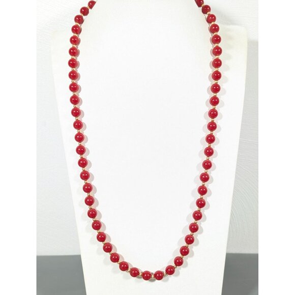 Vintage Monet Red Round Beaded Gold Tone Necklace Classic 24" - Picture 1 of 8